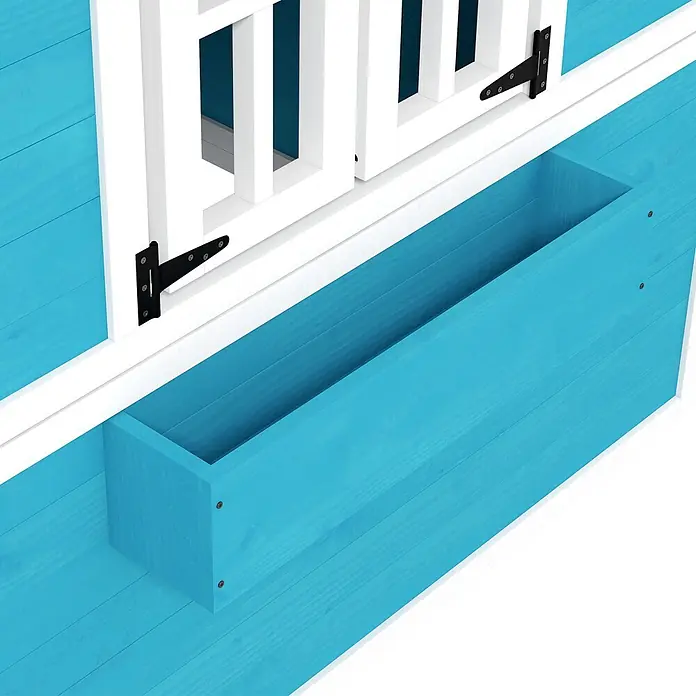 Outsunny Spielhaus - L x B x H: 126,4 x 114 x 135 cm, Holz, Blau - Türkise Holzkiste unter weißem Fensterrahmen mit schwarzen Scharnieren.