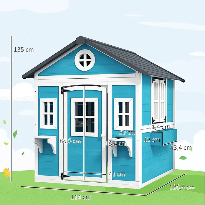 Outsunny Spielhaus - L x B x H: 126,4 x 114 x 135 cm, Holz, Blau - Blau-weißes Holzspielhaus mit Maßen, auf einer Wiese.