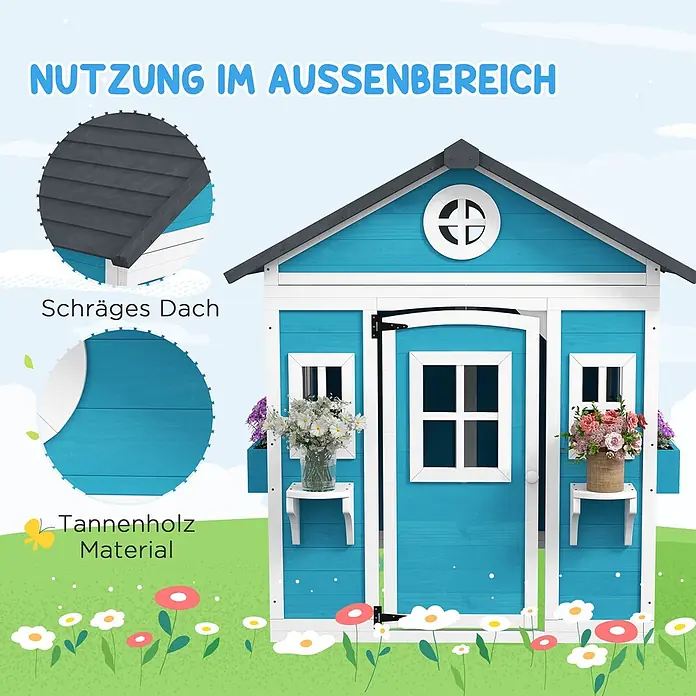 Outsunny Spielhaus - L x B x H: 126,4 x 114 x 135 cm, Holz, Blau - Blau-weißes Spielhaus aus Tannenholz mit schrägem Dach, für den Außenbereich geeignet.