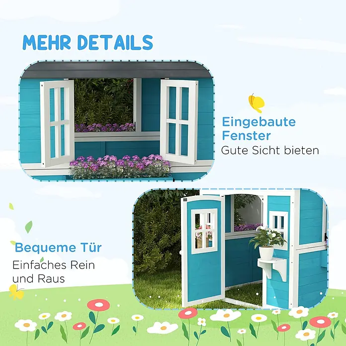 Outsunny Spielhaus - L x B x H: 126,4 x 114 x 135 cm, Holz, Blau - Blau-weißes Holzspielhaus mit offenen Fenstern, Blumenkästen und offener Tür für einfachen Zugang, in einer Außenumgebung.