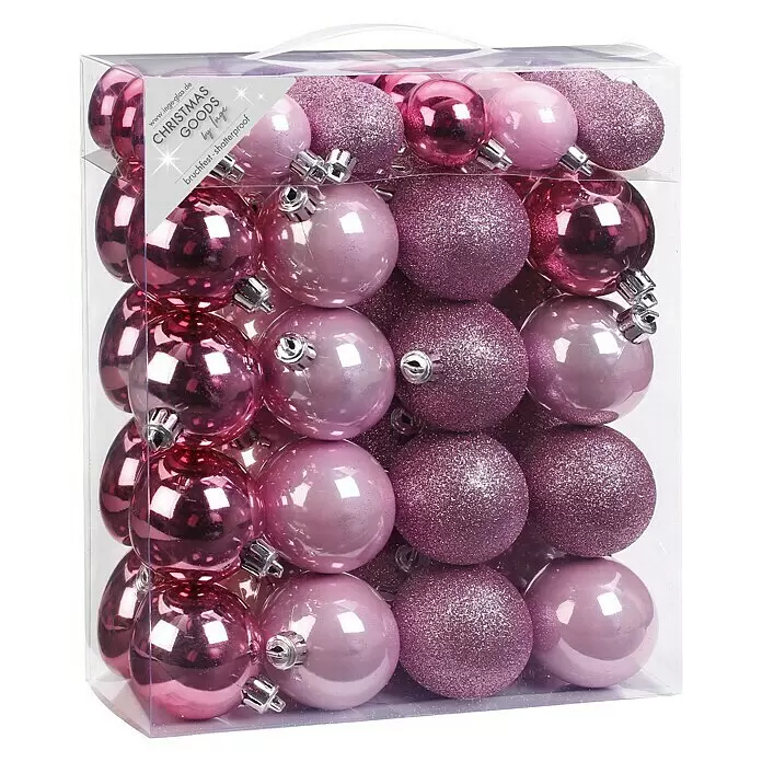 Weihnachtskugeln Rosa-Mix - Rosa, Kunststoff, Durchmesser: 4 cm - 6 cm, 50 Stk. - Klare Box mit 30 bruchfesten Weihnachtskugeln in glänzenden und glitzernden Violett- und Rosatönen.