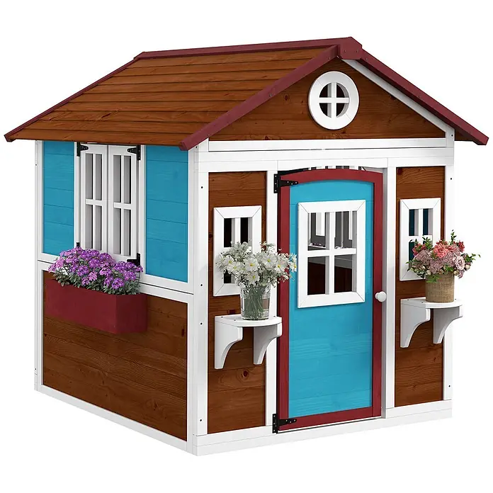 Outsunny Spielhaus - L x B x H: 126,4 x 114 x 135 cm, Holz, Kaffee-Braun - Hölzernes Spielhaus mit braunen Wänden, rotem Dach, blauer Tür und Fensterläden, und weißer Verkleidung. Mit Blumenkästen und kleinen Regalen.
