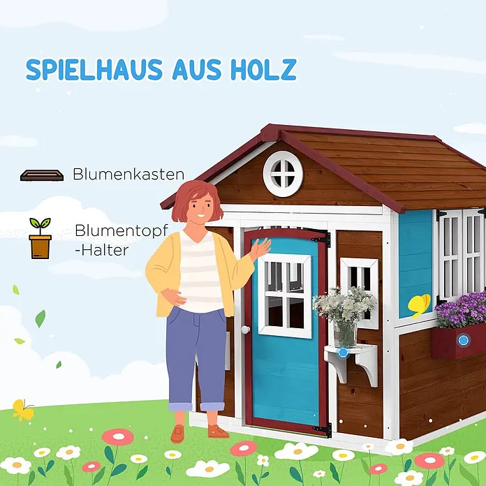 Outsunny Spielhaus - L x B x H: 126,4 x 114 x 135 cm, Holz, Kaffee-Braun - Farbenfrohes Holzspielhaus mit blauer Tür, Blumenkasten und Topfhalter, in einer Gartenszene mit Frau.