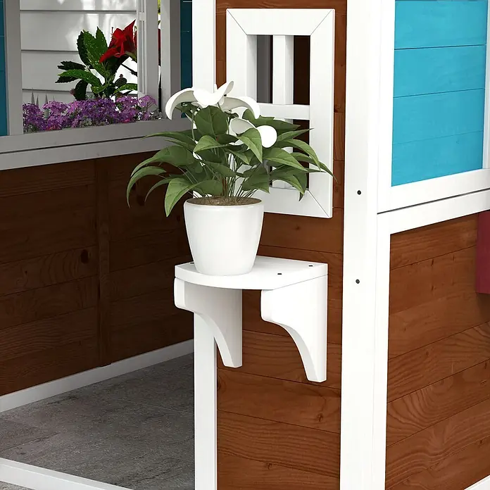 Outsunny Spielhaus - L x B x H: 126,4 x 114 x 135 cm, Holz, Kaffee-Braun - Ein braunes Holzspielhaus mit weißem Besatz und einem kleinen Regal mit einer Topfpflanze.
