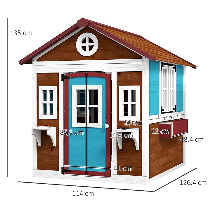 Outsunny Spielhaus - L x B x H: 126,4 x 114 x 135 cm, Holz, Kaffee-Braun - Holzspielhaus mit braunen Wänden, rotem Dach, blauer Tür, weißem Zierrat und verschiedenen Maßen.