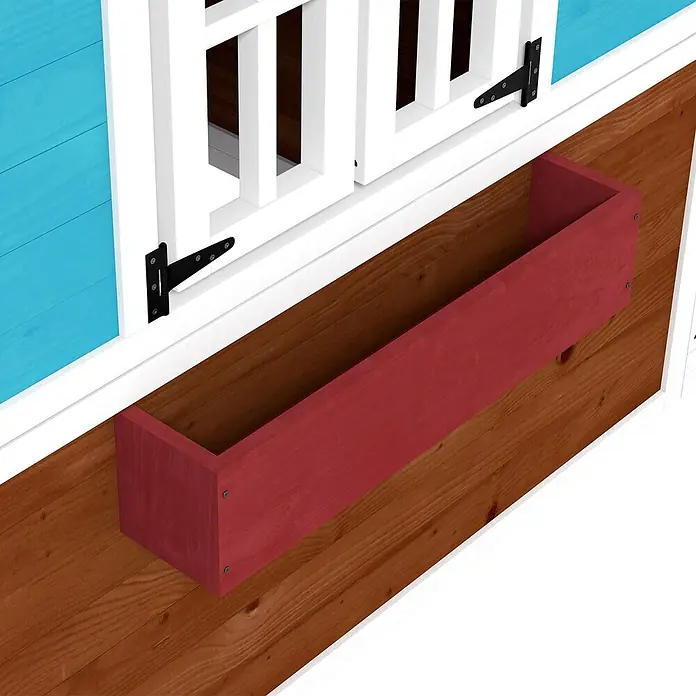 Outsunny Spielhaus - L x B x H: 126,4 x 114 x 135 cm, Holz, Kaffee-Braun - Roter Blumenkasten aus Holz unter einem weißen Fensterrahmen an einer Wand mit blauen und braunen Holzpaneelen.