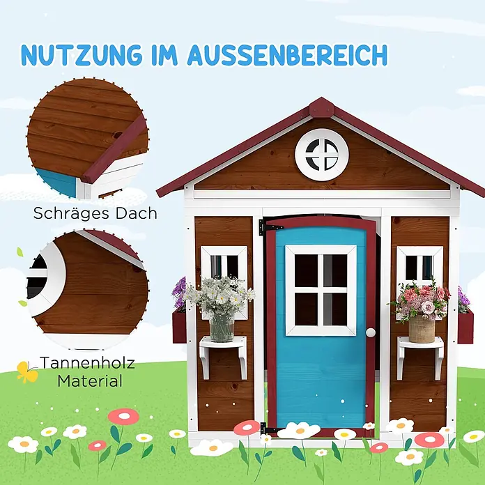 Outsunny Spielhaus - L x B x H: 126,4 x 114 x 135 cm, Holz, Kaffee-Braun - Braunes Tannenholz-Spielhaus für den Außenbereich mit blauer Tür, rotem Dach und weißem Dekor, mit Schrägdach.