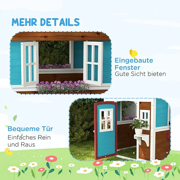 Outsunny Spielhaus - L x B x H: 126,4 x 114 x 135 cm, Holz, Kaffee-Braun - Blau-braunes hölzernes Kinderspielhaus mit funktionalen Fenstern, Blumenkästen und einer leicht zugänglichen Tür.