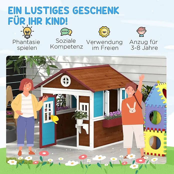 Outsunny Spielhaus - L x B x H: 126,4 x 114 x 135 cm, Holz, Kaffee-Braun - Holzspielhaus mit braunem Dach und weiß/blauen Details, von Kindern im Garten genutzt.