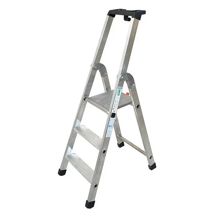 Facal Stehleiter Stufenstehleiter QUADRA S300 Aluminium 3 Stufen - Anzahl Tritte: 3 Stk., Arbeitshöhe: 2.450 m, Aluminium - Silberne Aluminium-Klappleiter mit zwei Stufen und einer Plattform, schwarzer Ablage und rutschfesten Fußkappen.