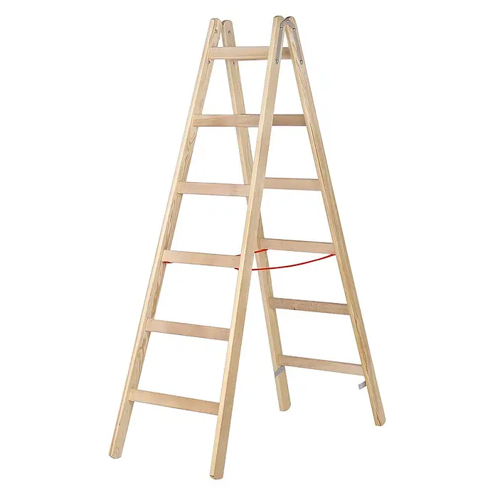 Hymer Stehleiter Holz Sprossenstehleiter mit Eimerhaken 2x6 Sprossen - Anzahl Tritte: 6 Stk., Arbeitshöhe: 3.100 m, Holz - Naturholz-Doppelleiter mit fünf Sprossen, Scharnieren und rotem Sicherheitsseil.