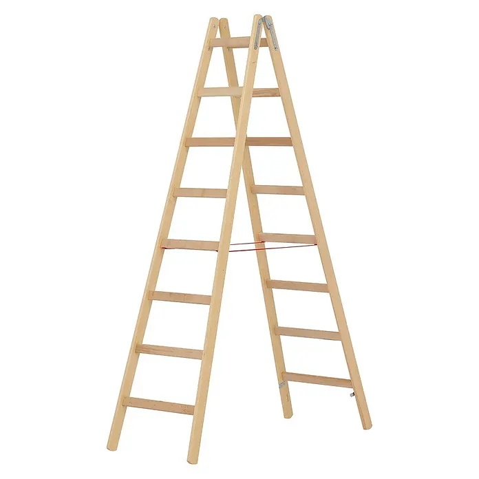 Hymer Stehleiter Holz Sprossenstehleiter mit Eimerhaken 2x8 Sprossen - Anzahl Tritte: 8 Stk., Arbeitshöhe: 3.650 m, Holz - Faltbare Stehleiter aus hellem Holz mit Metallscharnieren und rotem Sicherungsband.