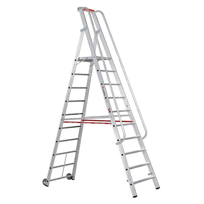 Euroline Stehleiter Premium 32677 Stufenstehleiter mit großer Standplattform 10 Stufen - Anzahl Tritte: 10 Stk., Arbeitshöhe: 4.150 m, Aluminium - Silberne Aluminium-Doppelstufenleiter mit Handläufen, oberer Plattform und Rollen für den professionellen Einsatz.