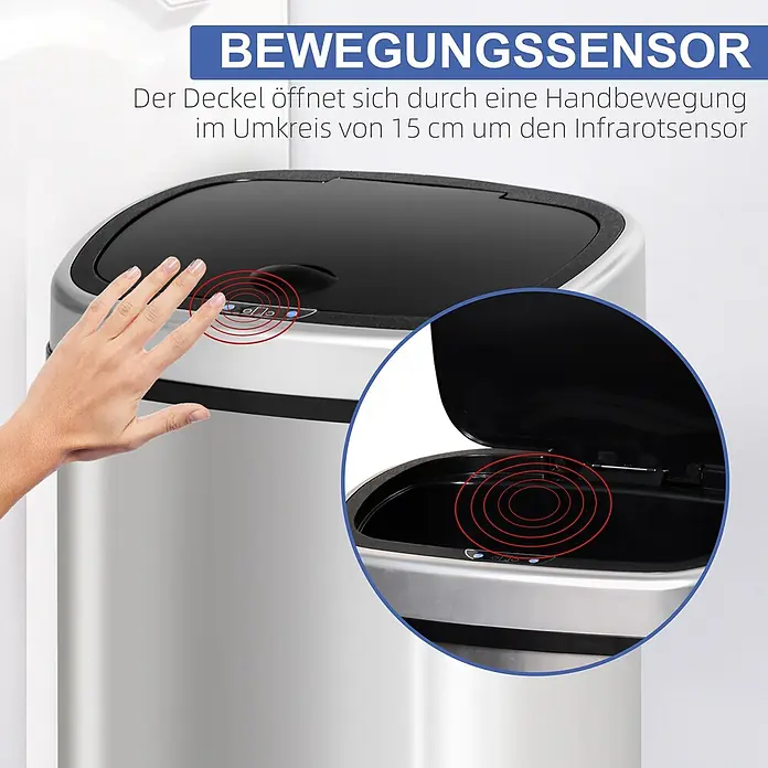 Homcom Sensormülleimer - 48 l, Stahl, Silber, Schwarz - Silberner Mülleimer mit Bewegungssensor und schwarzem Deckel, der sich bei Annäherung einer Hand öffnet.