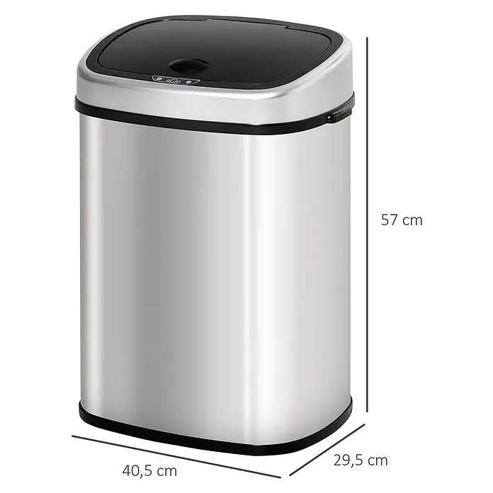 Homcom Sensormülleimer - 48 l, Stahl, Silber, Schwarz - Automatischer Mülleimer aus silbernem Edelstahl mit schwarzem Sensor-Deckel.