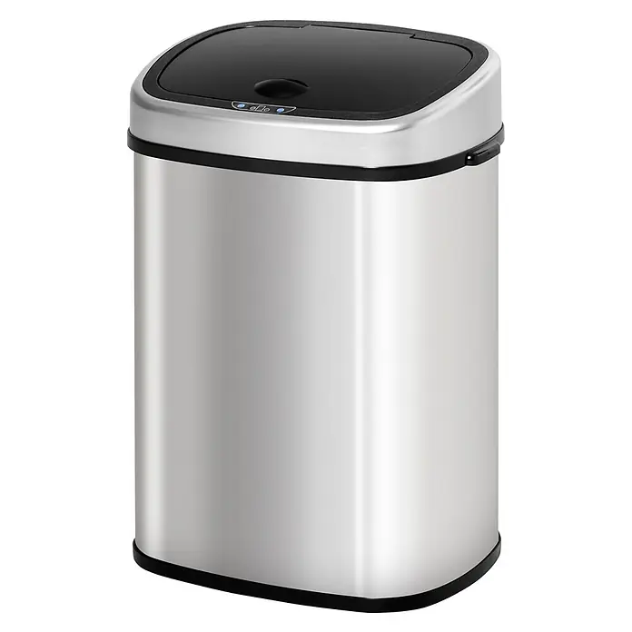 Homcom Sensormülleimer - 48 l, Stahl, Silber, Schwarz - Edelstahl-Automatikmülleimer mit schwarzem Deckel und blauen Sensorleuchten.