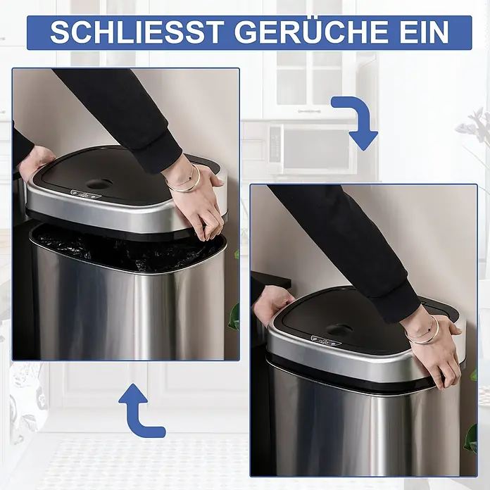 Homcom Sensormülleimer - 48 l, Stahl, Silber, Schwarz - Person schließt den schwarzen Deckel eines Edelstahl-Mülleimers, um seine geruchsdichte Funktion zu zeigen.