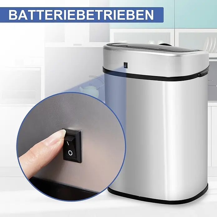 Homcom Sensormülleimer - 48 l, Stahl, Silber, Schwarz - Silberner batteriebetriebener Automatik-Mülleimer mit Detailaufnahme eines Fingers, der den Ein-/Ausschalter drückt.
