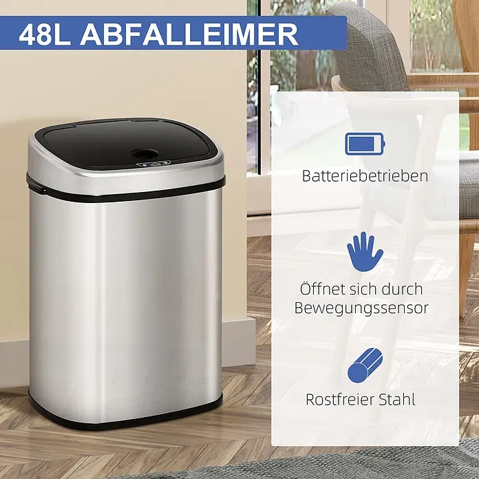 Homcom Sensormülleimer - 48 l, Stahl, Silber, Schwarz - Ein 48L batteriebetriebener Abfalleimer aus Edelstahl mit Bewegungssensor und schwarzem Deckel in einem modernen Raumambiente.