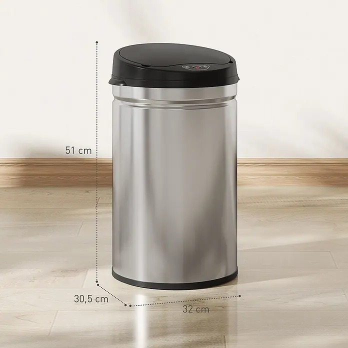 Homcom Sensormülleimer - 30 l, Stahl, Silber, Schwarz - Zylindrischer Edelstahl-Mülleimer mit schwarzem Automatik-Sensor-Deckel. Maße: 51 cm H, 32 cm B, 30,5 cm T.