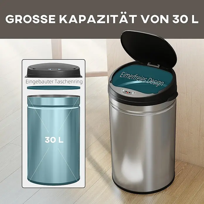Homcom Sensormülleimer - 30 l, Stahl, Silber, Schwarz - 30L Edelstahl-Mülleimer mit offenem Deckel und integriertem Taschenring. Eine Explosionszeichnung zeigt Deckel, Ring und Behälter.