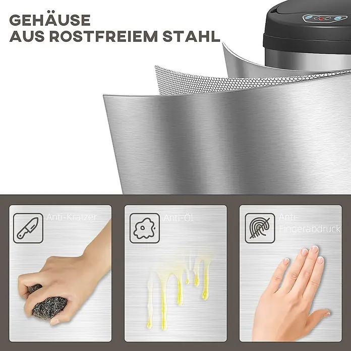 Homcom Sensormülleimer - 30 l, Stahl, Silber, Schwarz - Mülleimer aus Edelstahl mit kratzfester, ölbeständiger und Anti-Fingerabdruck-Beschichtung.