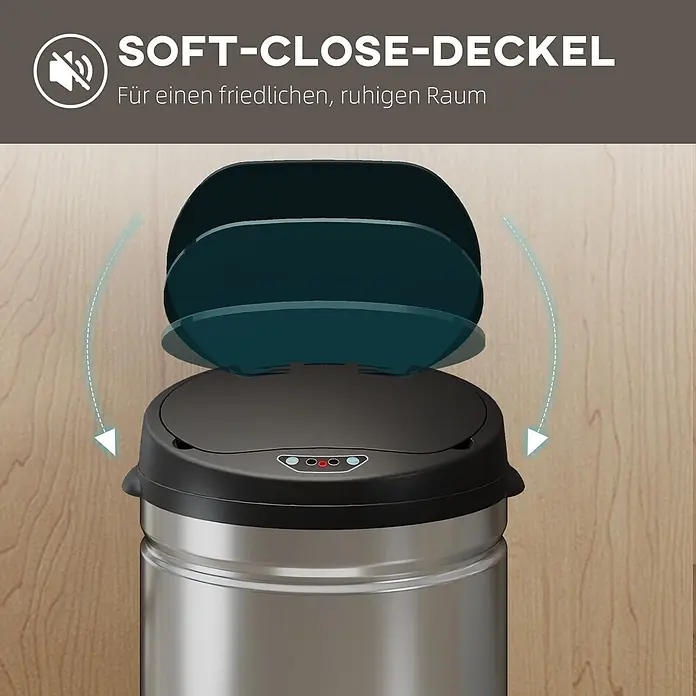 Homcom Sensormülleimer - 30 l, Stahl, Silber, Schwarz - Edelstahl Mülleimer mit schwarzem Soft-Close-Deckel für leises Schließen.