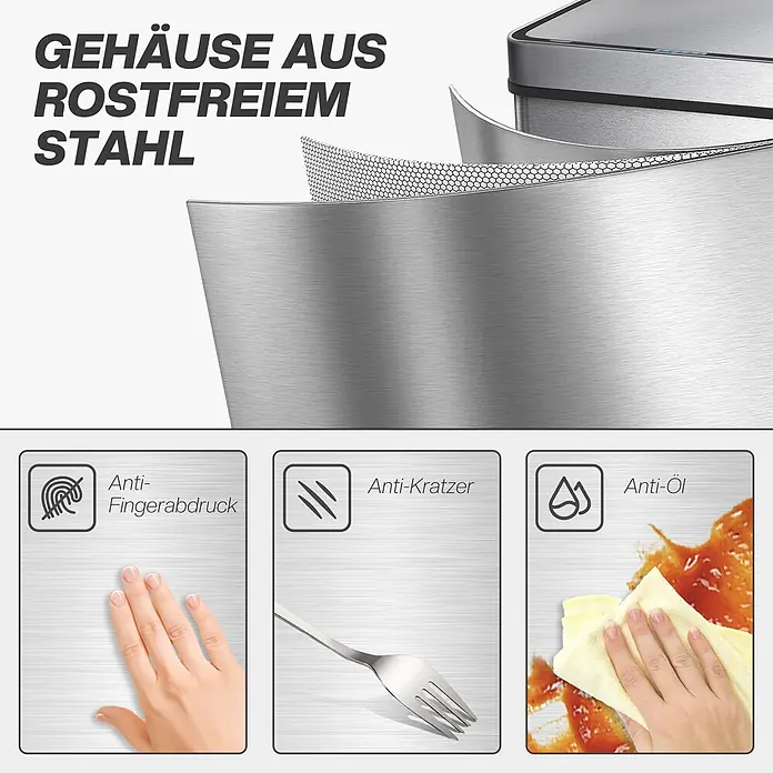 Homcom Sensormülleimer - 60 l, Stahl, Silber - Gehäuse aus gebürstetem Edelstahl mit Anti-Fingerabdruck-, Anti-Kratz- und Anti-Öl-Eigenschaften.