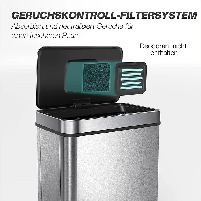 Homcom Sensormülleimer - 60 l, Stahl, Silber - Edelstahl-Mülleimer mit offenem Deckel, der das integrierte Geruchskontroll-Filtersystem mit schwarzem Filter zeigt.