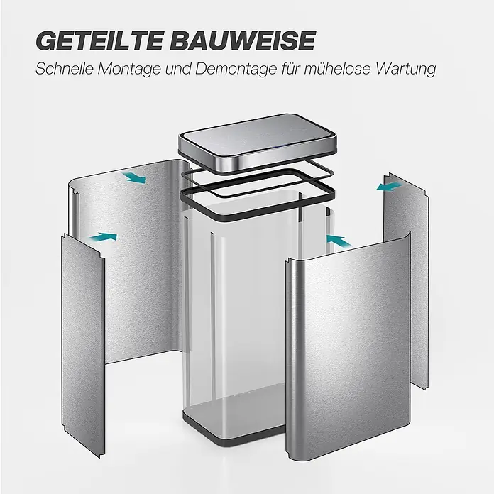 Homcom Sensormülleimer - 60 l, Stahl, Silber - Explosionsansicht eines rechteckigen Behälters: gebürstete Metallpaneele, transparenter Inneneimer. Geteilte Bauweise für einfache Montage/Demontage.