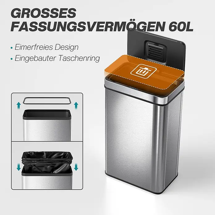 Homcom Sensormülleimer - 60 l, Stahl, Silber - Großer 60L Mülleimer aus Edelstahl mit schwarzem Deckel und integriertem Müllbeutelring.