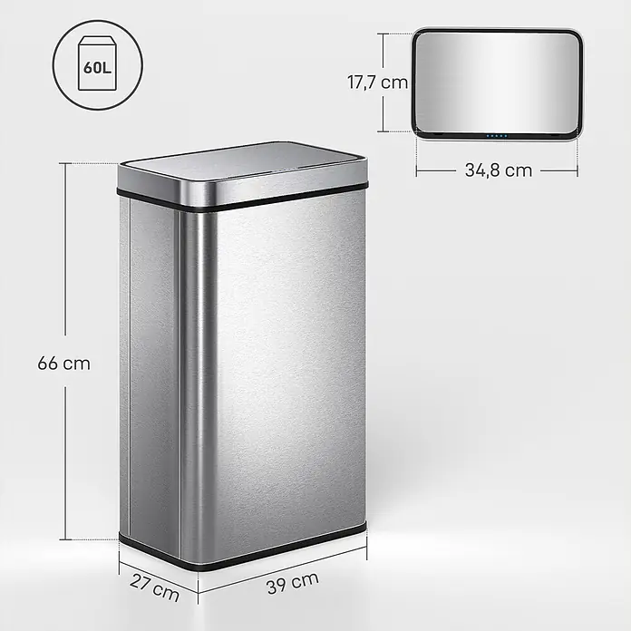 Homcom Sensormülleimer - 60 l, Stahl, Silber - Mülleimer aus gebürstetem Edelstahl, 60L. Maße: 66x39x27 cm. Deckel: 34,8x17,7 cm.