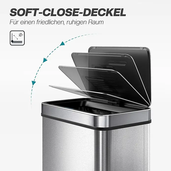 Homcom Sensormülleimer - 60 l, Stahl, Silber - Edelstahl-Mülleimer mit Soft-Close-Deckel, der ein leises, sanftes Schließen demonstriert.