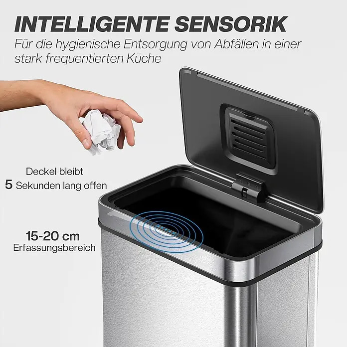 Homcom Sensormülleimer - 60 l, Stahl, Silber - Edelstahl Sensor-Mülleimer mit offenem Deckel. Hand entsorgt Abfall, zeigt 5s Öffnungszeit & 15-20cm Erfassungsbereich für hygienische Nutzung.