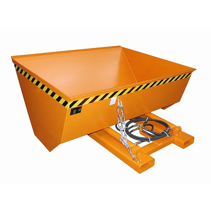 Bauer Seitenkippschaufel Schaufel HVR 75, lackiert, Gelborange -  - Orange Kippmulde mit schwarz-gelben Streifen, Hydraulikanschlüssen und Kette zur Gabelstaplerbefestigung.