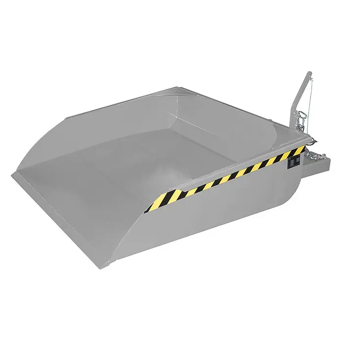 Bauer Seitenkippschaufel Schaufel BSI 50, lackiert, Mausgrau -  - Graue Gabelstapler-Schaufel aus Metall mit gelb-schwarzen Sicherheitsstreifen und Heck-Auslösemechanismus.