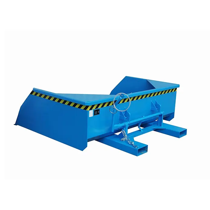Bauer Seitenkippschaufel Schaufel BSE 200, lackiert, Lichtblau -  - Blauer Kippbehälter mit gelb/schwarzen Warnstreifen, für Gabelstapler-Materialhandling.