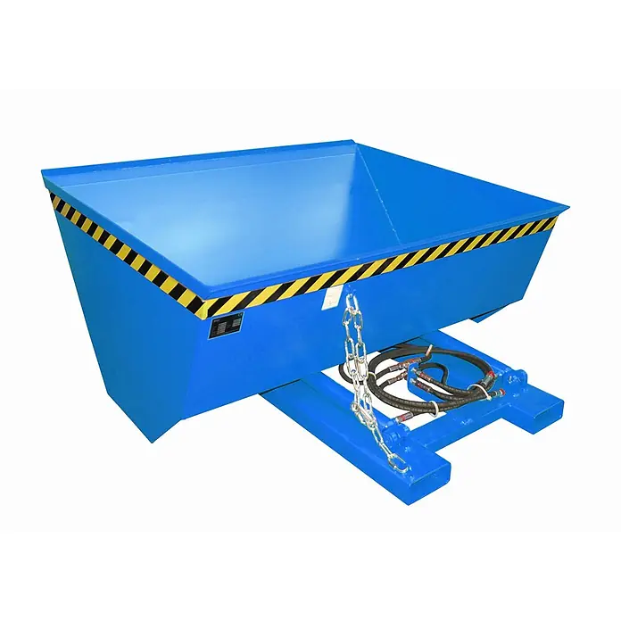 Bauer Seitenkippschaufel Schaufel HVR 75, lackiert, Lichtblau -  - Blauer selbstkippender Container mit gelb-schwarzen Sicherheitsstreifen, Ketten und Hydraulikschläuchen für Gabelstapler.