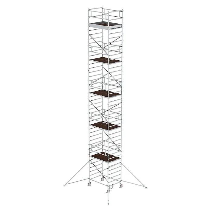 Munk Rollgerüst Rollgerüst mit Doppelplattform 1,35x1,80m Plattform 12,35m AH - Arbeitshöhe: 13.350 m - Hohes, mehrstöckiges Aluminium-Rollgerüst mit Holzplattformen und Stabilisator-Auslegern.