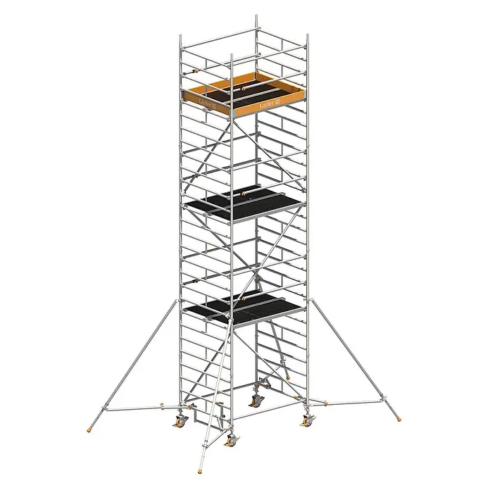Layher Rollgerüst Rollgerüst Uni Kompakt P2 mit Uni Telegeländer und ausziehbaren Gerüstst - Arbeitshöhe: 8.200 m - Silbernes Aluminium-Rollgerüst mit schwarzen Plattformen, Rädern und Auslegern, für mehrstuige Arbeiten in der Höhe.