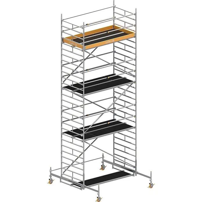 Layher Rollgerüst Rollgerüst Uni Breit Sicherheitsaufbau P2 mit Uni Telegeländer 8,38m AH - Arbeitshöhe: 8.380 m - Mobiles Aluminium-Rollgerüst in Silber mit schwarzen Plattformen und orangen Akzenten, ausgestattet mit Rollen.