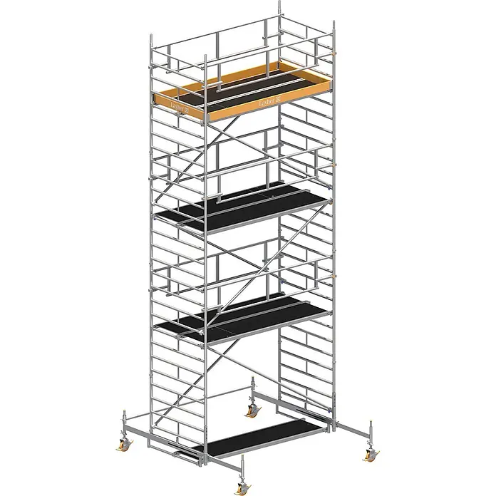 Layher Rollgerüst Rollgerüst Uni Breit P2 Safety Plus mit Doppelgeländer 8,38m AH - Arbeitshöhe: 8.380 m - Silbernes Fahrgerüst mit mehreren schwarzen Arbeitsplattformen und orangefarbenen Fußleisten.