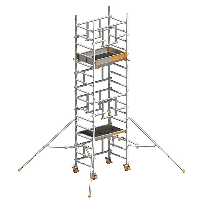 Layher Rollgerüst Rollgerüst Solotower mit dem Sicherheitsaufbau P2 Safety Plus 5,15m AH - Arbeitshöhe: 5.150 m - Mobiles Rollgerüst aus silbernem Metall mit orangen Akzenten, zwei Plattformen, Rädern und Auslegern für Stabilität.