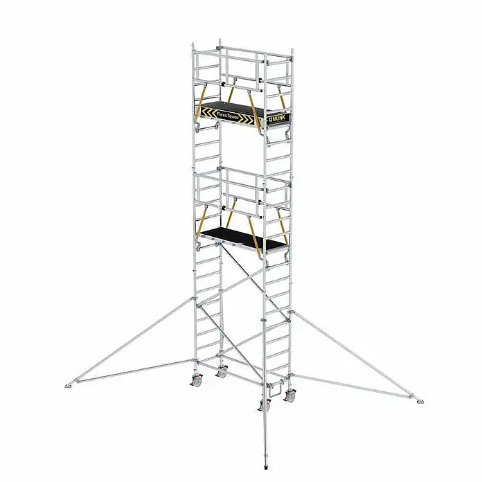 Munk Rollgerüst Rollgerüst FlexxTower SGX ergo mit klappbaren Dreieckauslegern und Schwenk - Arbeitshöhe: 7.590 m - Hohes mobiles Aluminium-Rollgerüst mit schwarzen Plattformen, gelben Akzenten, Rädern und Auslegern.