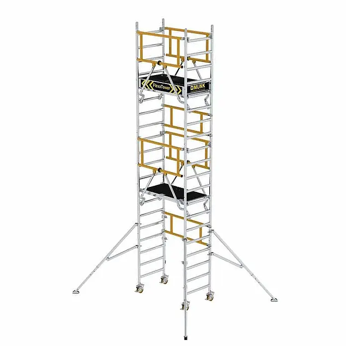 MUNK Rollgerüst FlexxTower SG ergo mit klappbaren Dreieckauslegern und Schwenkfuß Plattformgröße 1,20x0,60m Arbeitshöhe 6,10m -  - Hohes, mobiles Aluminium-Rollgerüst mit gelben Querstreben, schwarzen Plattformen und Auslegern. Beschriftet 'FlexxTower' und 'MUNK'.