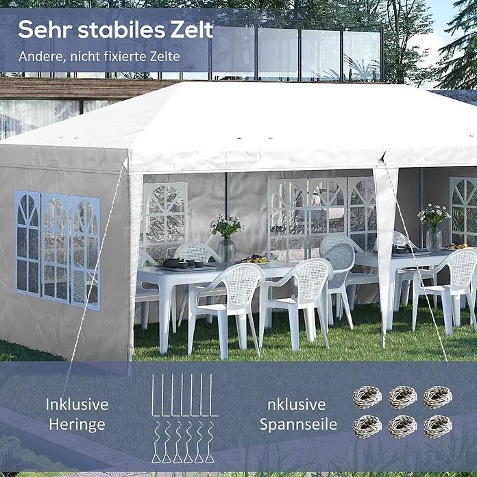 Outsunny Partyzelt - Farbe Dach: Weiß - Stabiles weiß-graues Partyzelt auf Rasen, mit Möbeln innen. Inklusive Heringe und Spannseile.