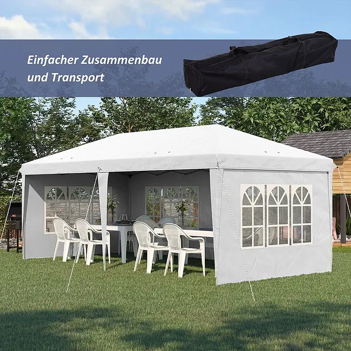 Outsunny Partyzelt - Farbe Dach: Weiß - Weißes und graues Partyzelt mit Tisch und Stühlen im Garten. Schwarze Tragetasche für Transport inklusive.