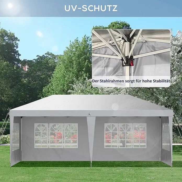 Outsunny Partyzelt - Farbe Dach: Weiß - Graues Outdoor-Party-Zelt mit Bogenfenstern, stabilem Stahlrahmen und UV-Schutz.