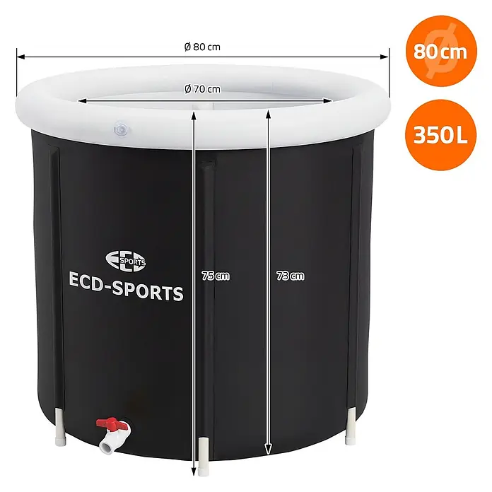 ECD Germany Quick-Up-Pool Eistonne - L x B x H: 80 x 80 x 75 cm, Ø x H: 80 x 75 cm, Schwarz, Weiß, 350 l - Schwarze faltbare Badewanne mit weißem aufblasbarem Rand, Ø 80 cm, 75 cm hoch, 350L Fassungsvermögen. Mit Ablasshahn.