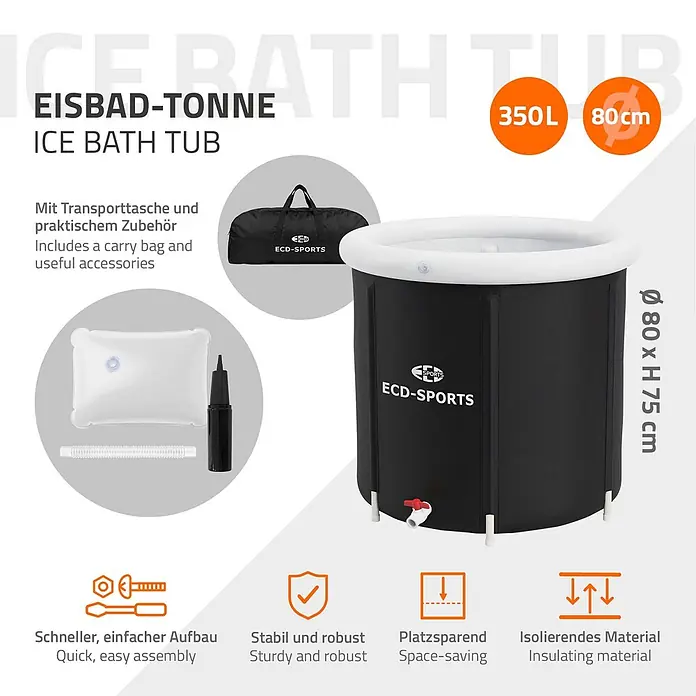 ECD Germany Quick-Up-Pool Eistonne - L x B x H: 80 x 80 x 75 cm, Ø x H: 80 x 75 cm, Schwarz, Weiß, 350 l - Schwarze aufblasbare Eisbadewanne mit weißem Rand, abgebildet mit Tragetasche, Kissen, Pumpe und Schlauch. 350L Fassungsvermögen, Ø 80cm, H 75cm.